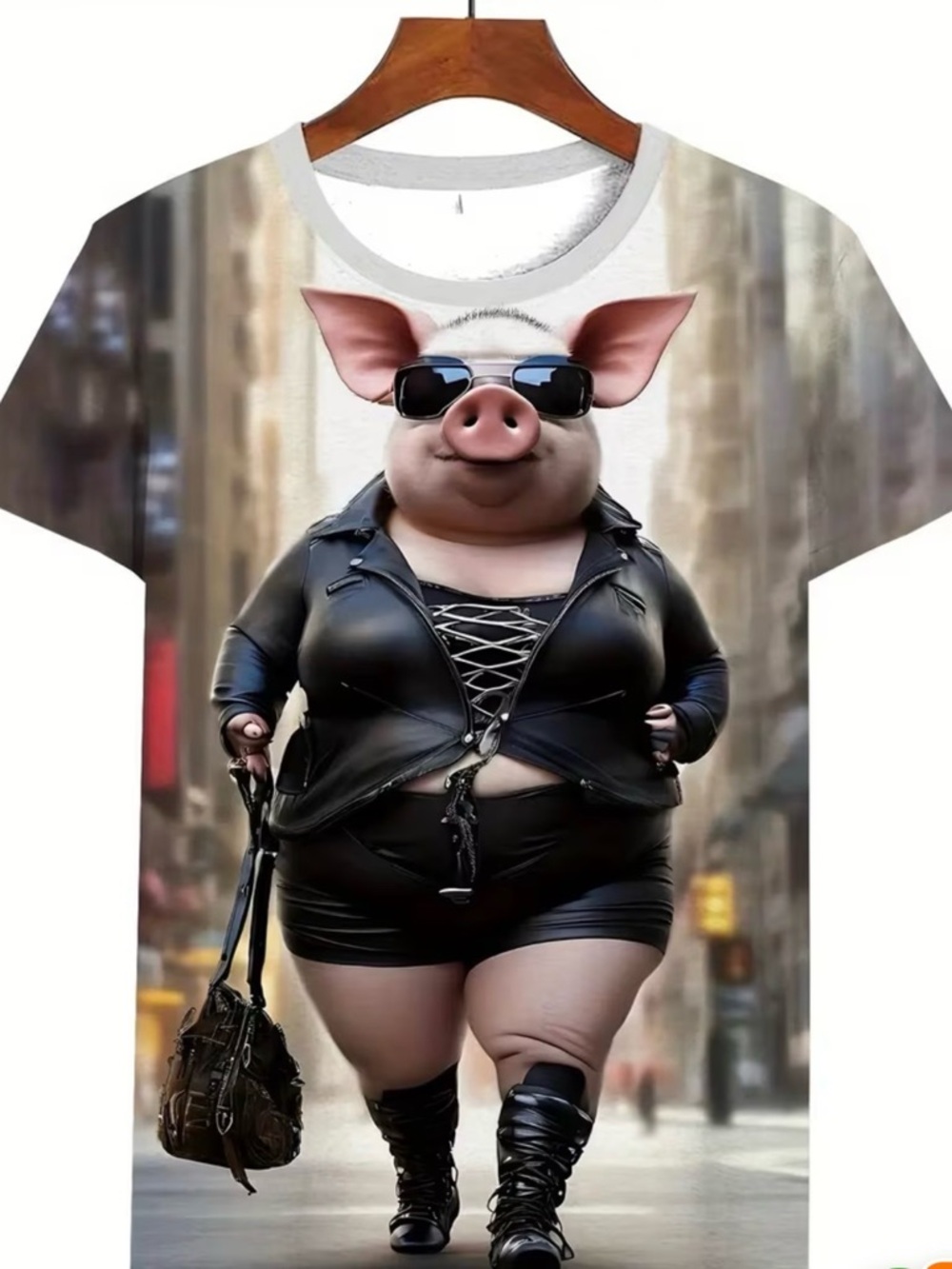 Mens Graphic Pig Biker Tee in White and Black